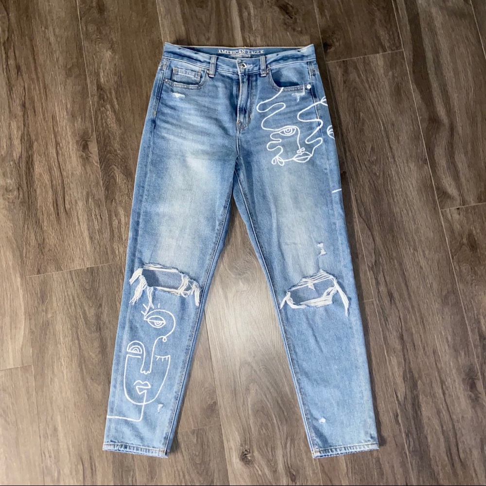 Hand Painted AE Ripped Mom Jeans w Faces